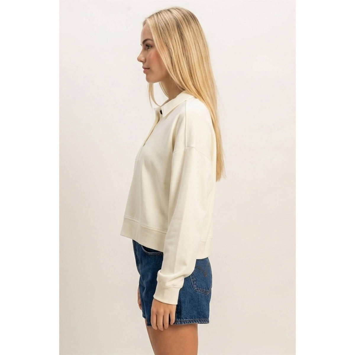 Washed Button-Front Collared Sweatshirt