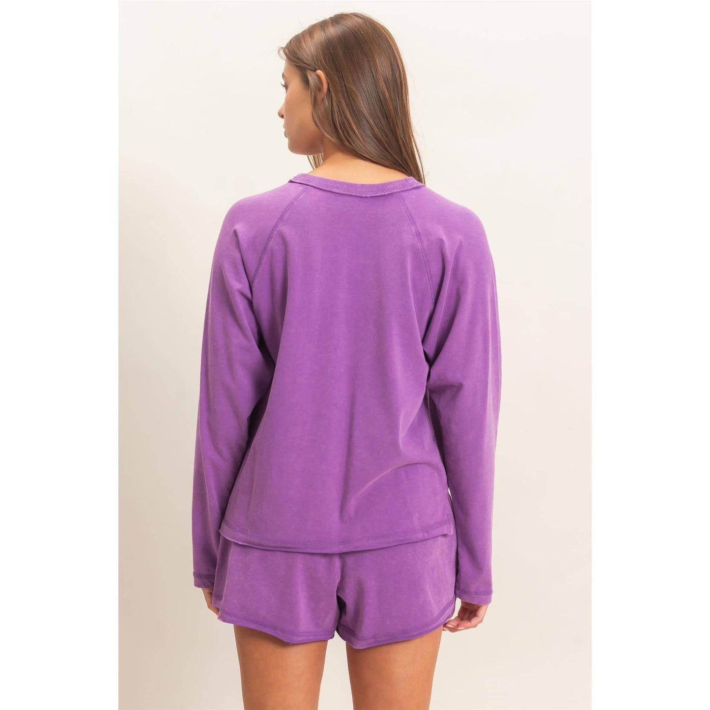 Double Zero Mineral Wash Long Sleeve Raw Edge Top & Shorts Set