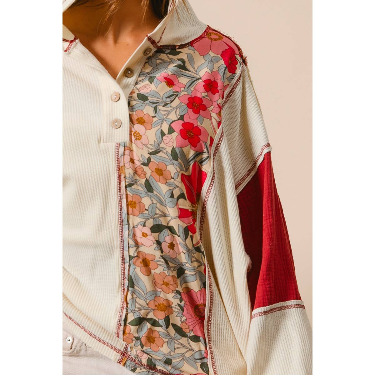 KNIT AND PRINT MIXED HOODIE TOP