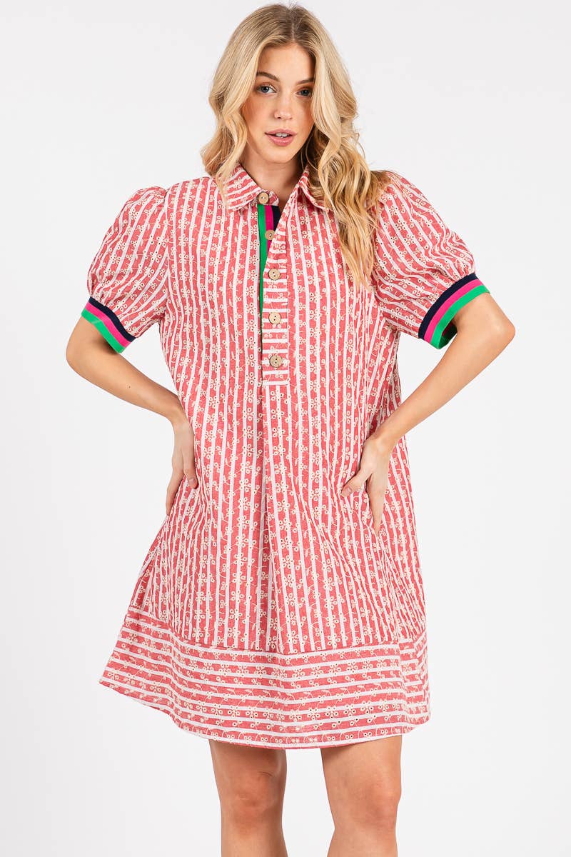 STRIPED FLORAL COLLARED PUFF SLEEVE DRESS