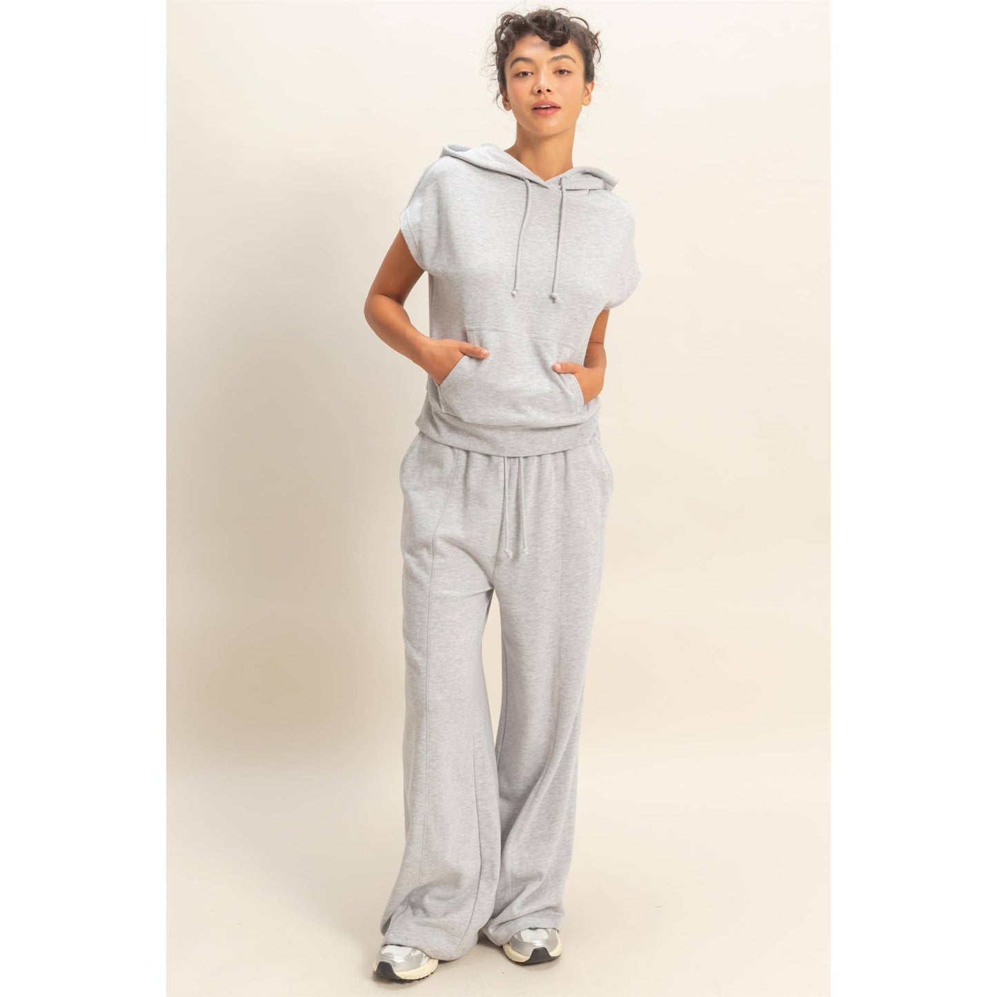 Acid Washed Sleeveless Hooded Kangaroo Pocket Top