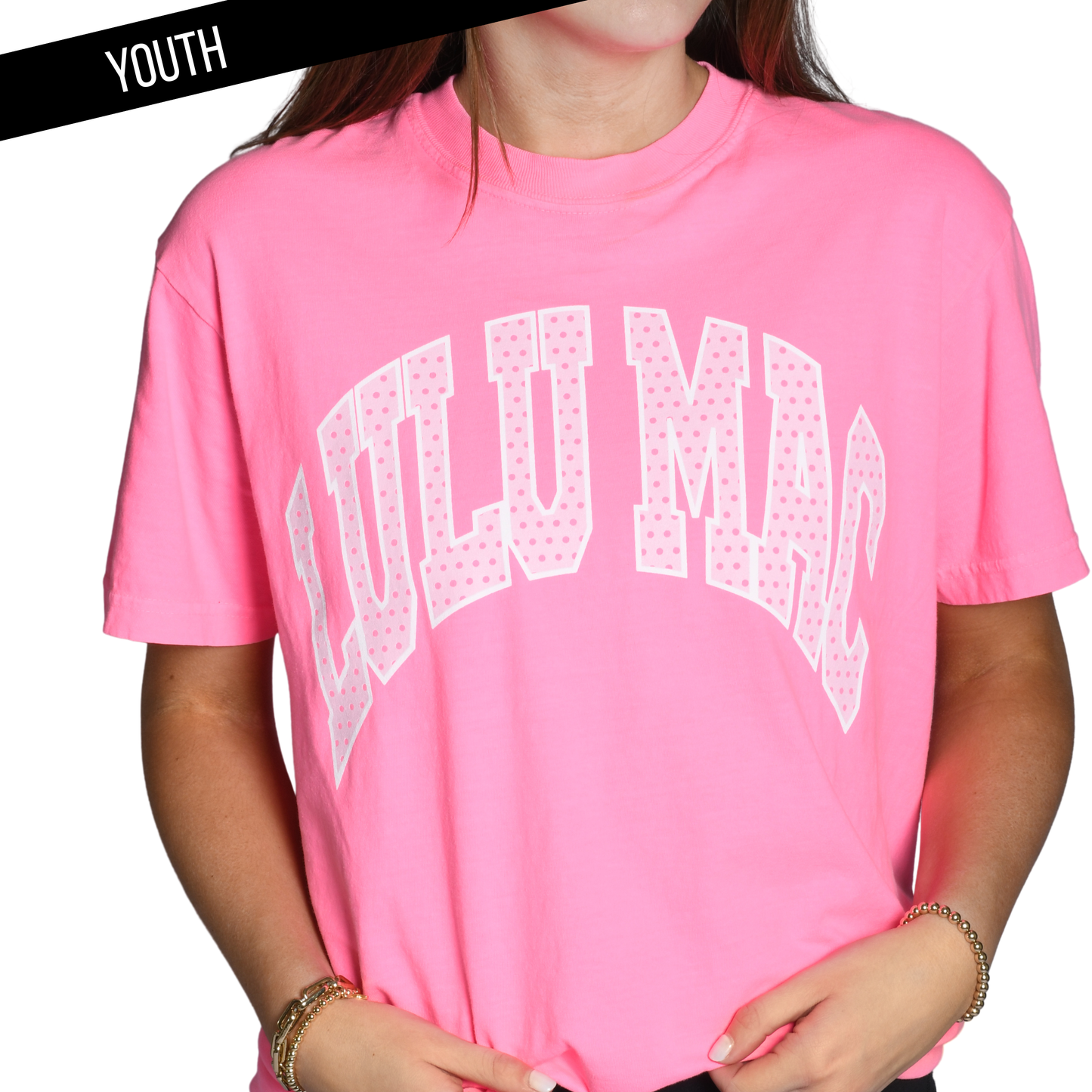 LuLu Mac Dot Neon Pink Youth Comfort Colors Tee