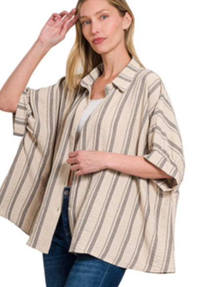 Zenana Woven Yarn-Dye Stripe Oversized Button Down Shirt Taupe