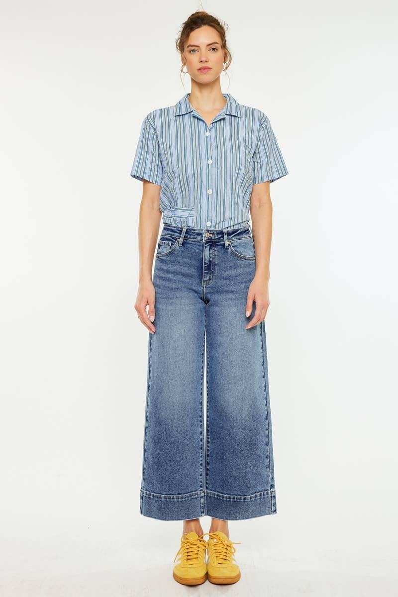 Kan Can USA High Rise Crop Wide Jeans Dark Stone Wash