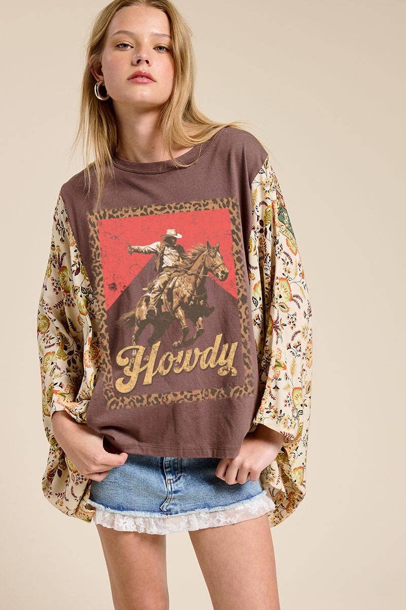 Howdy Western Cowboy Graphic Rustic Sheer Sleeves Kaftan Top