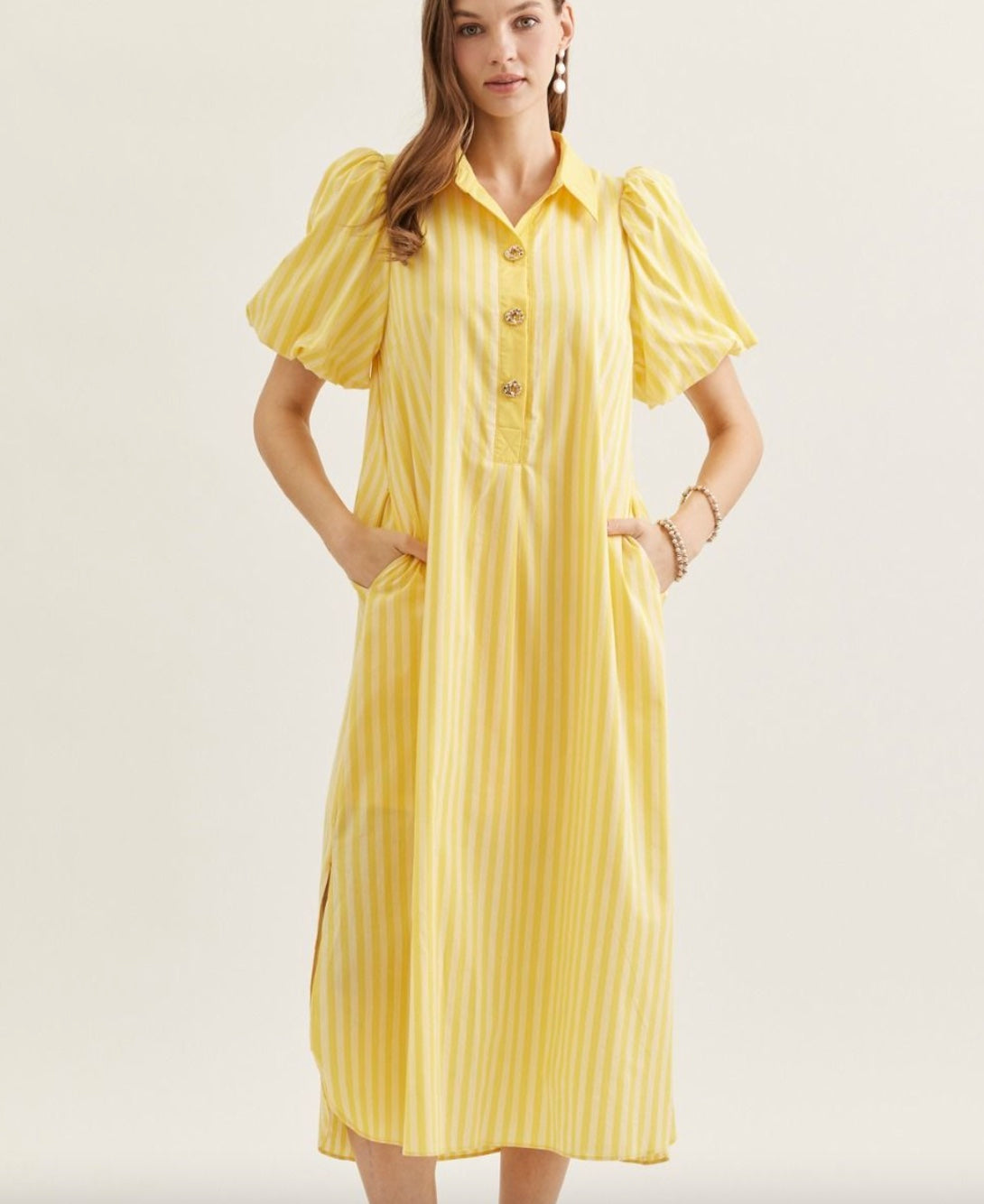 Entro Striped Short Puff Sleeve Midi Dress Featuring Collar and Button Closure at Front in Yellow