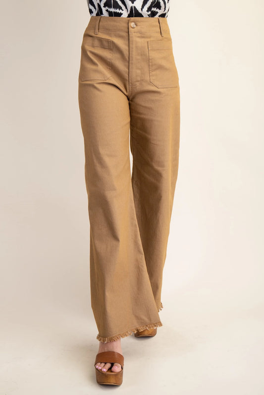 GiGio High Waisted Flared Pants with Frayed Hem in Camel