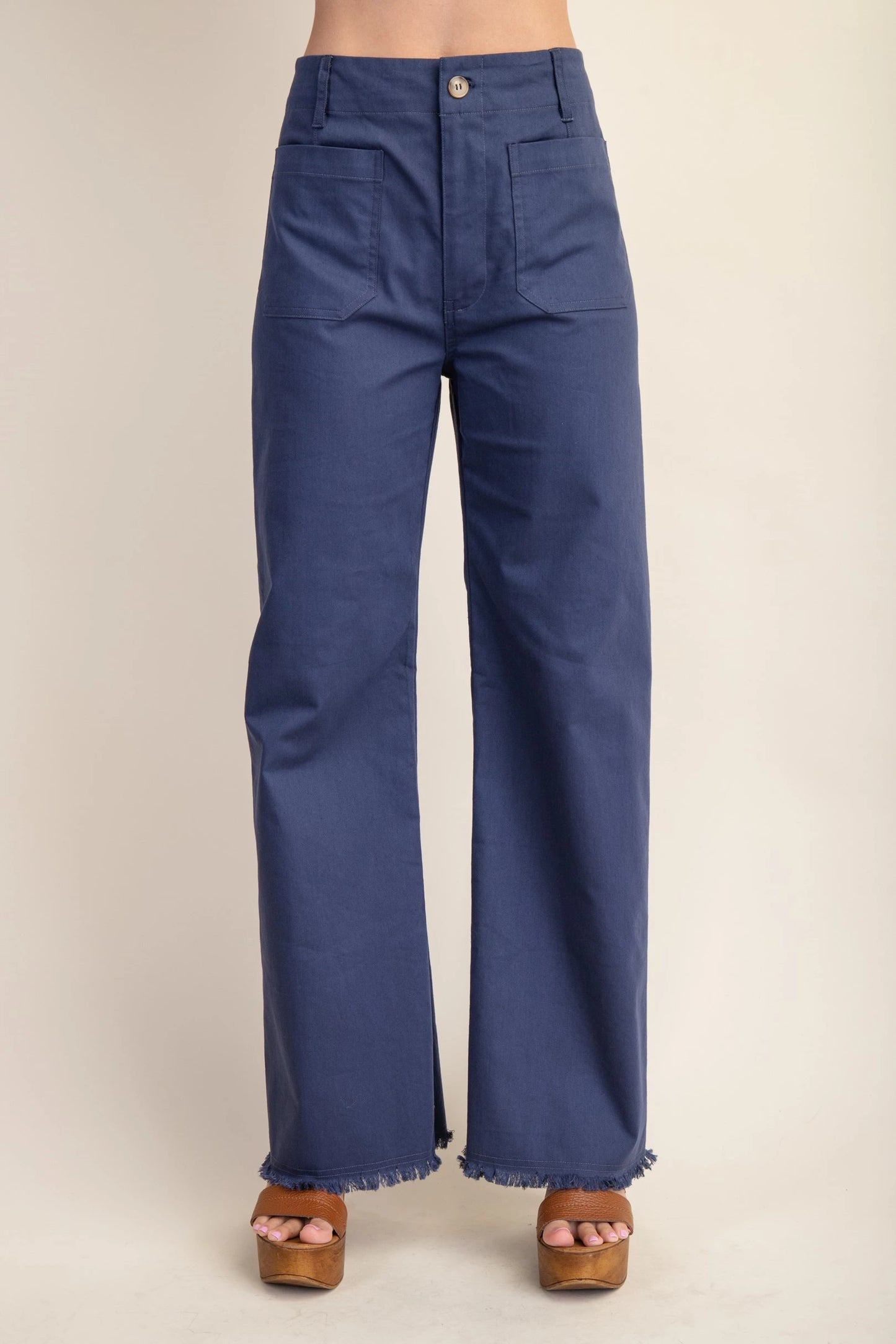 GiGio High Waisted Flared Pants with Frayed Hem in Navy