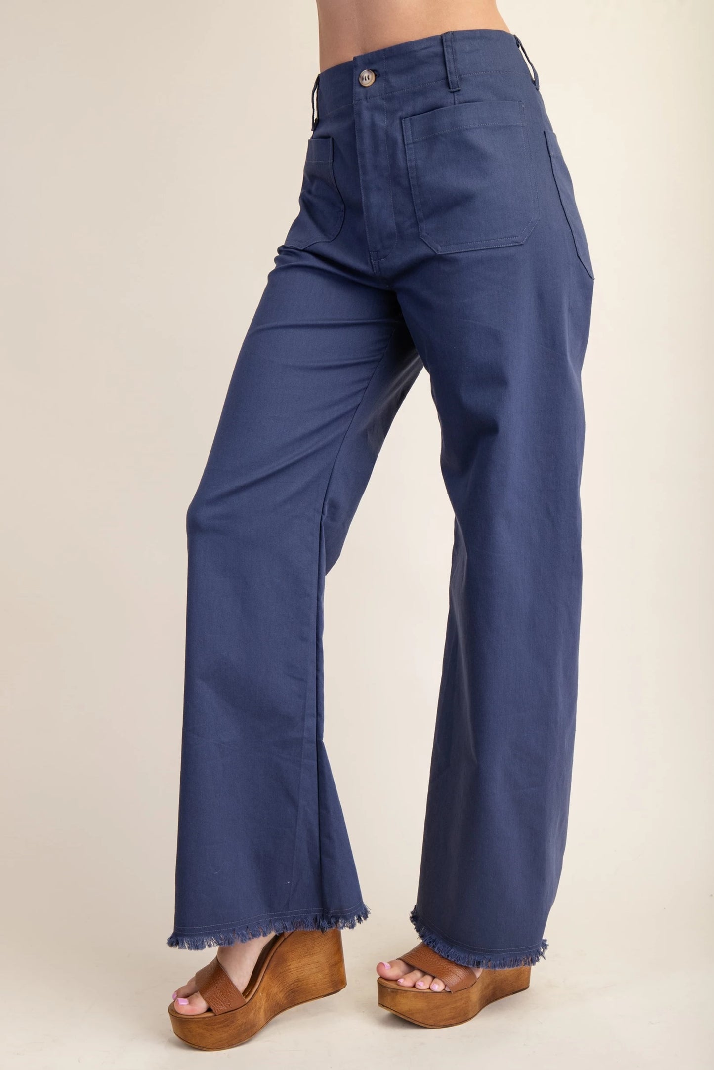 GiGio High Waisted Flared Pants with Frayed Hem in Navy