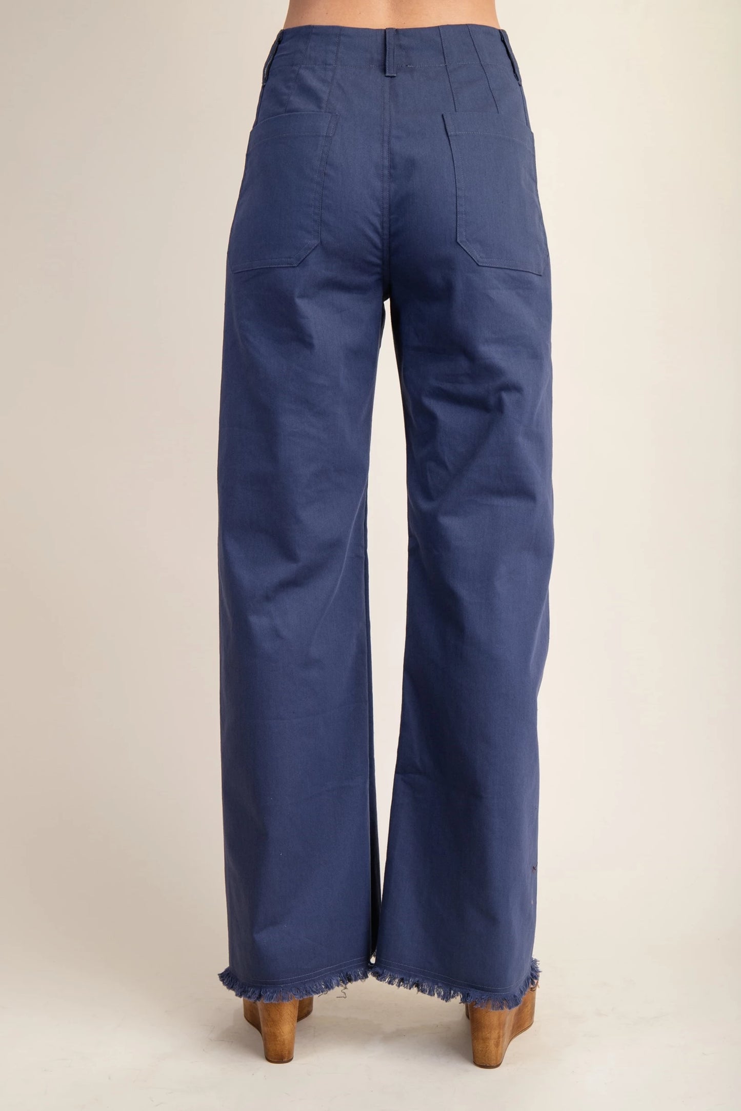 GiGio High Waisted Flared Pants with Frayed Hem in Navy
