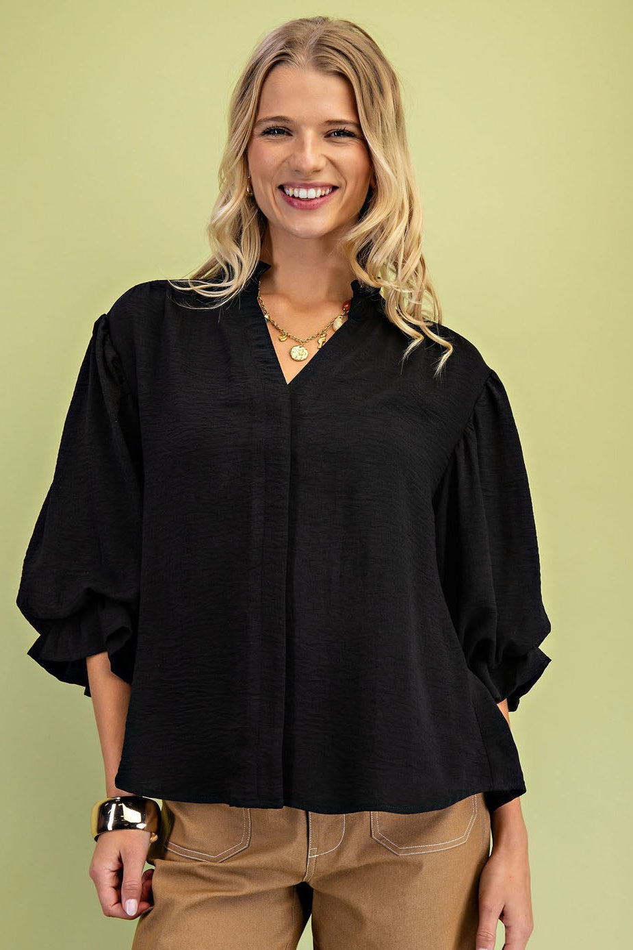 Gigio 3/4 Length Gathered Balloon Sleeve Blouse with a Rounded Back Yoke