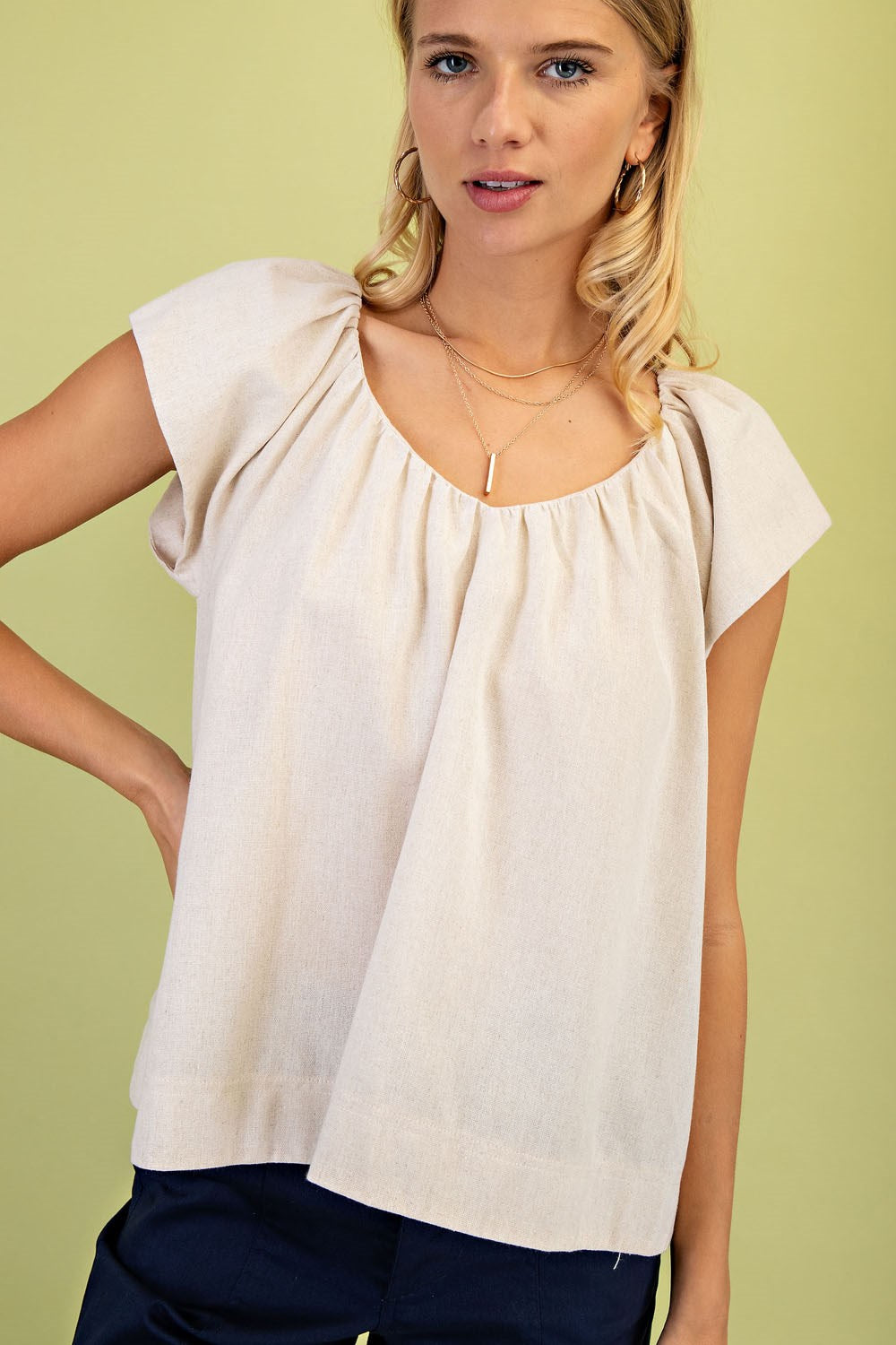 Linen V-Neck Top with a Padded Cap Sleeve Oatmeal