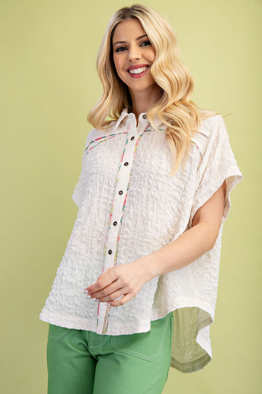 Gigio Textured Button Down Top with Colorful Piping Details