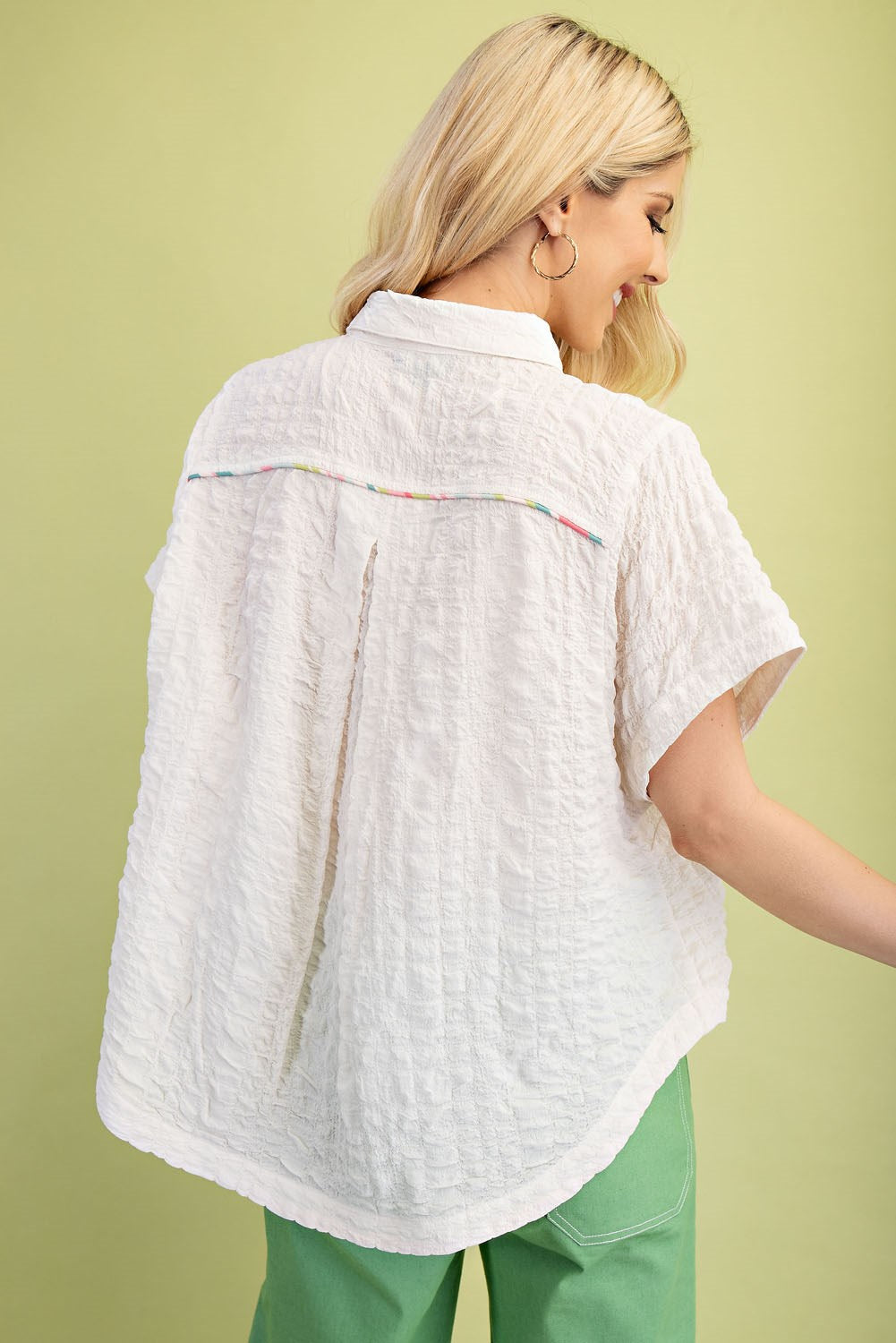 Gigio Textured Button Down Top with Colorful Piping Details