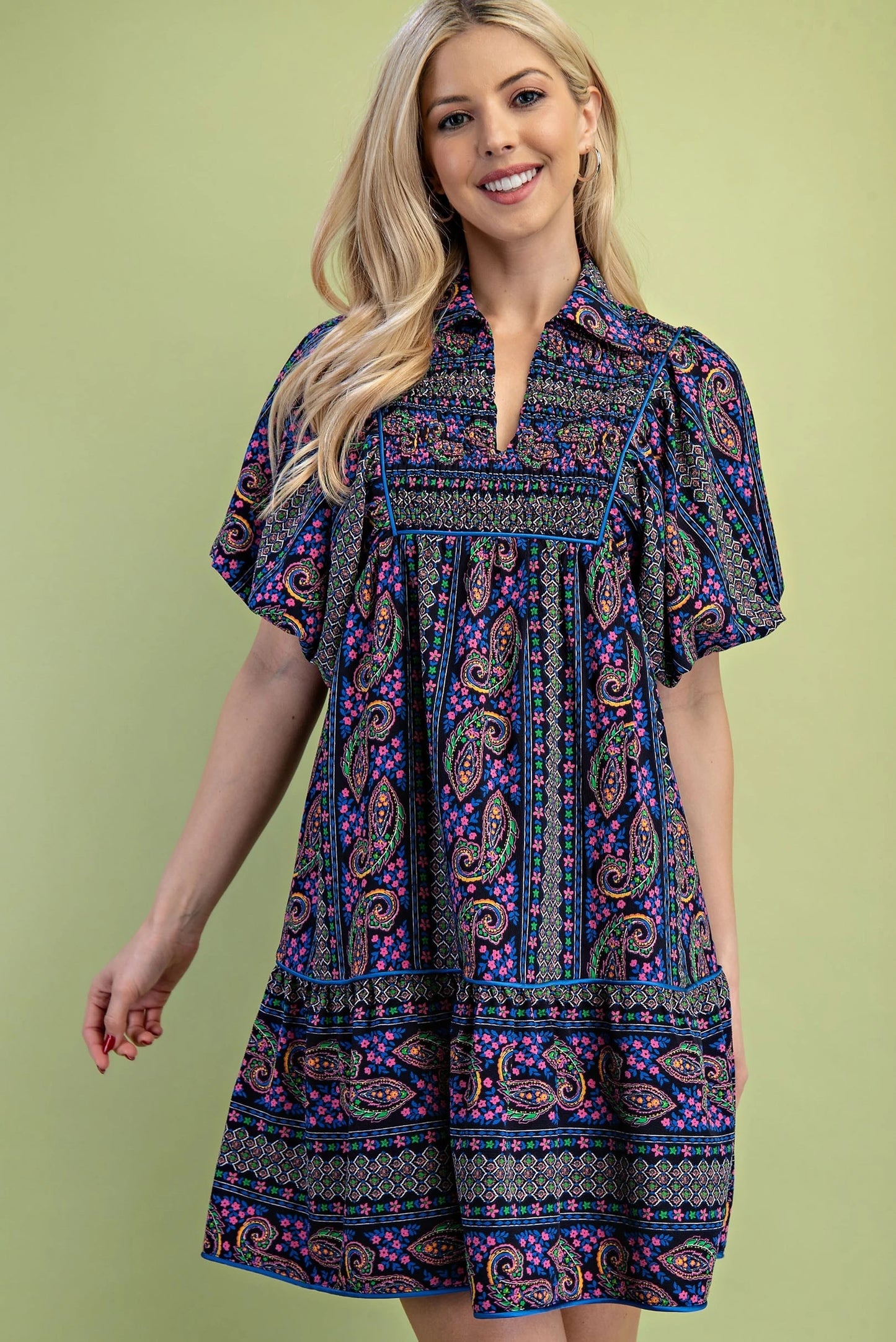 Gigio Mixed Paisley Print Dress with a Smocked Front Yoke Navy Mix