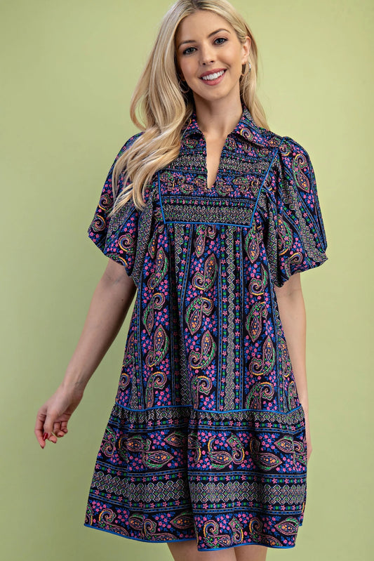 Gigio Mixed Paisley Print Dress with a Smocked Front Yoke Navy Mix