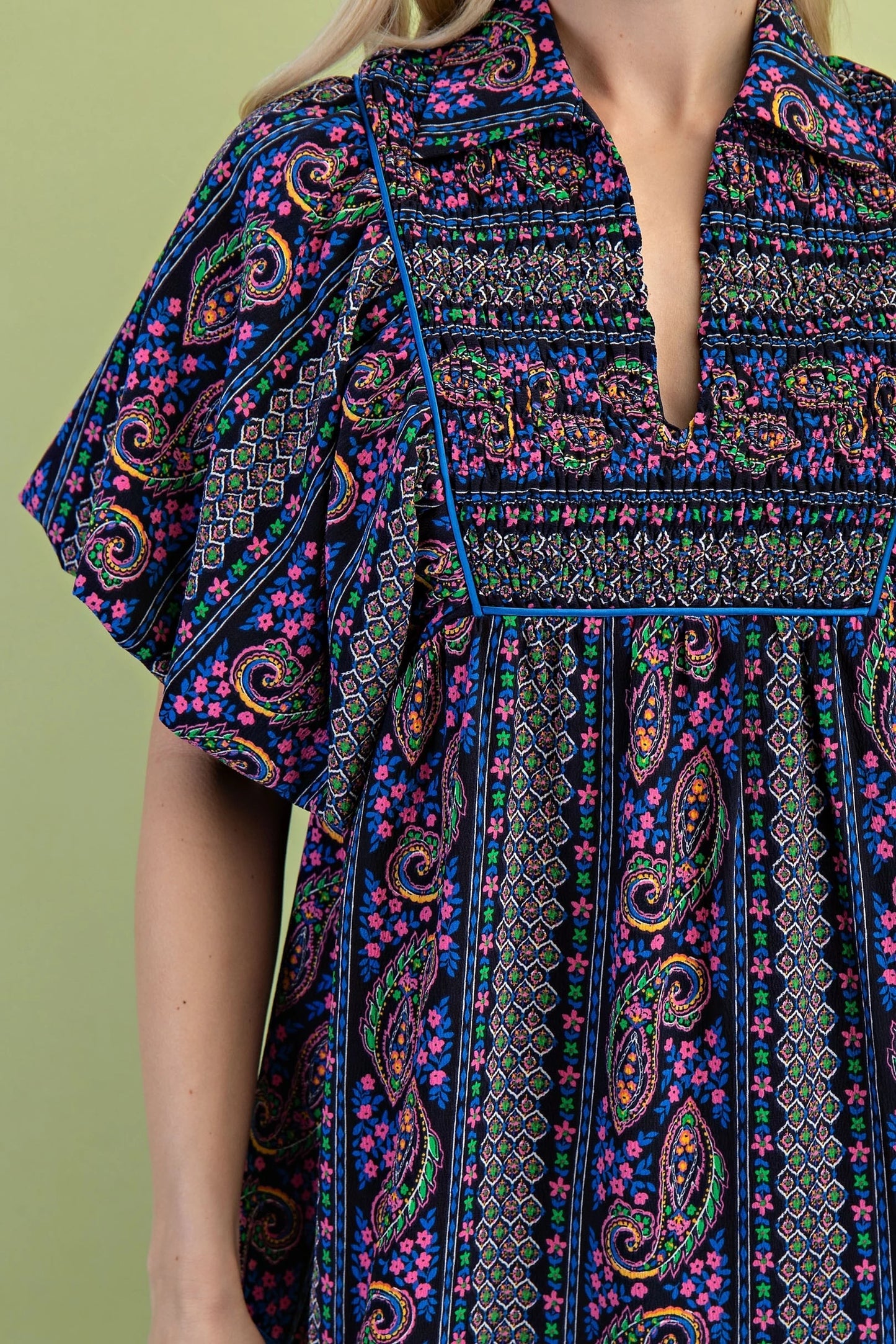 Gigio Mixed Paisley Print Dress with a Smocked Front Yoke Navy Mix