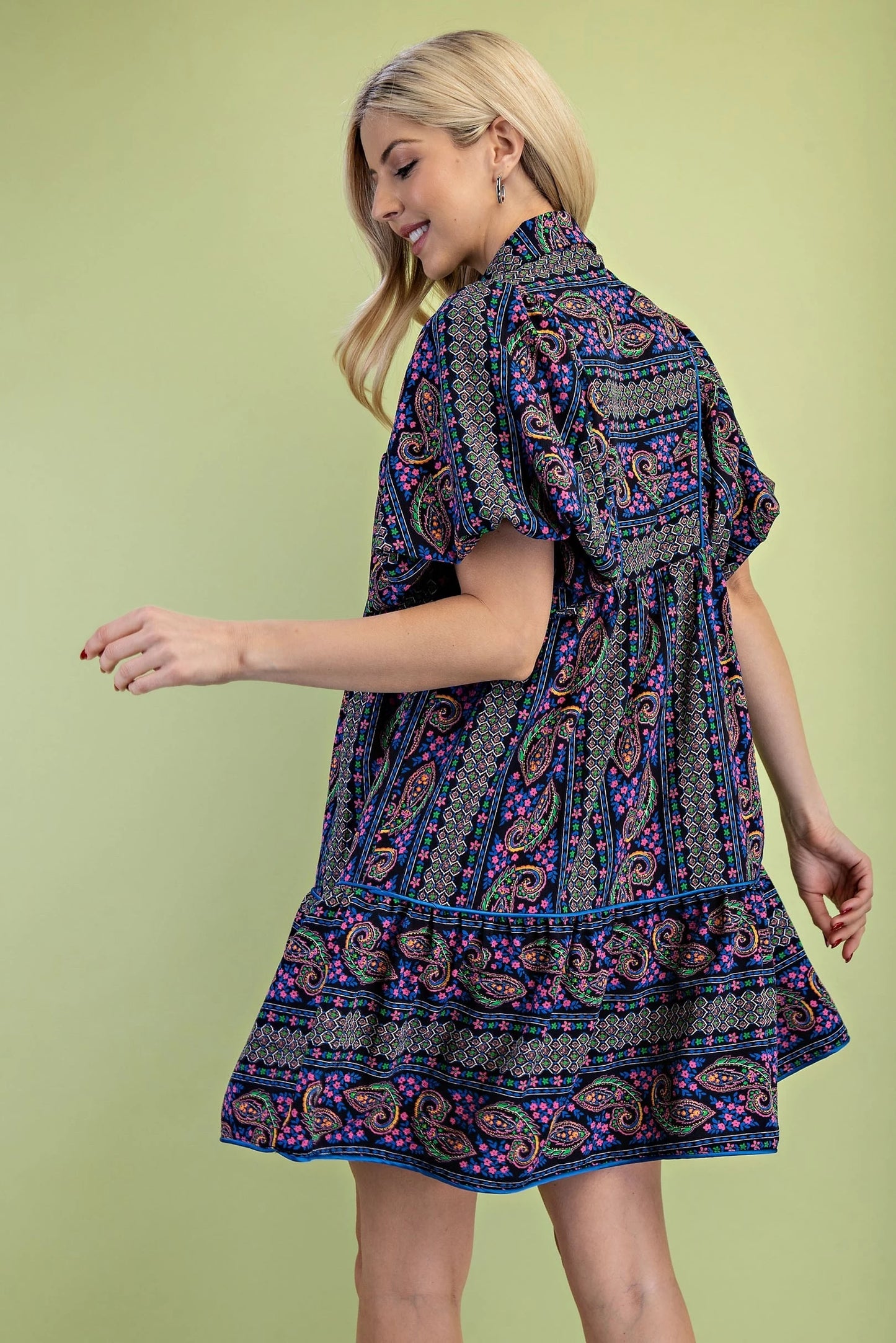 Gigio Mixed Paisley Print Dress with a Smocked Front Yoke Navy Mix