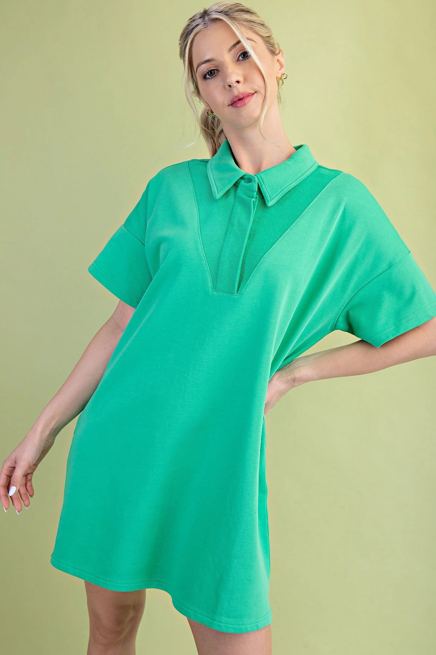 GiGio Mixed Jersey Polo Style Mini Dress in Green