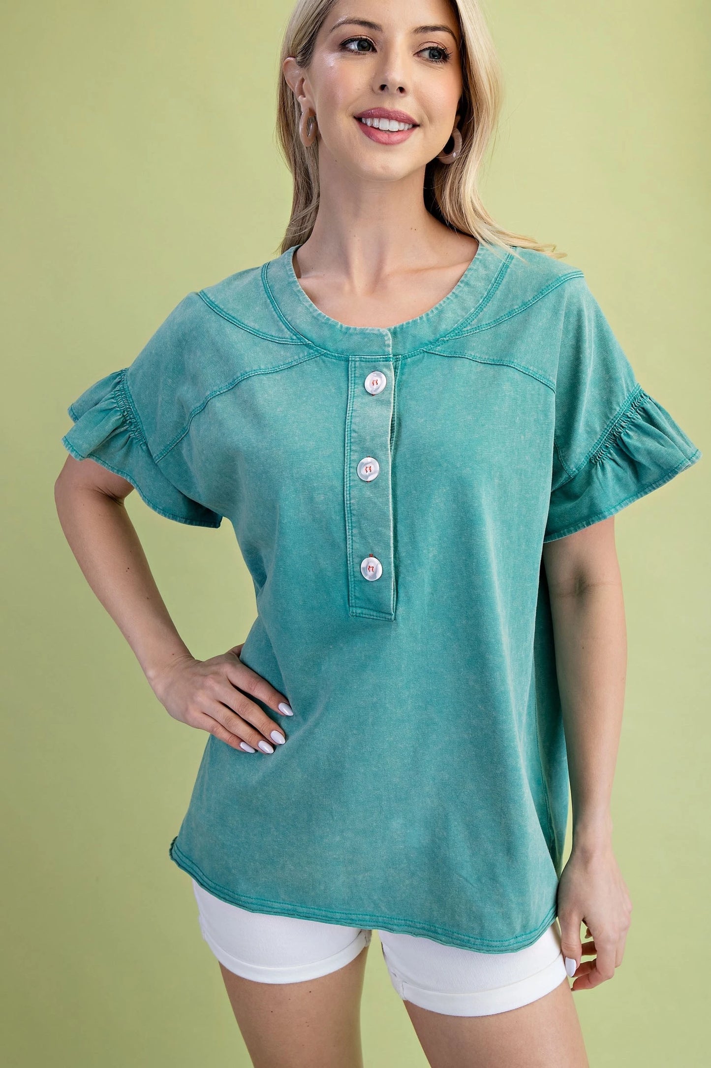 Gigio Washed Half Button T-Shirt with Seaming Details Dusty Mint