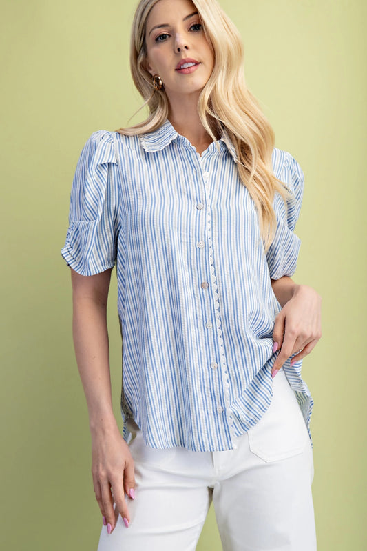 Gigio Lightly Textured Striped Button Down with a Ric-Rac Trim and Gathered Sleeves
