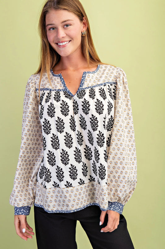 GiGio Mixed Print Balloon Sleeve Top with Binding Details in Ivory