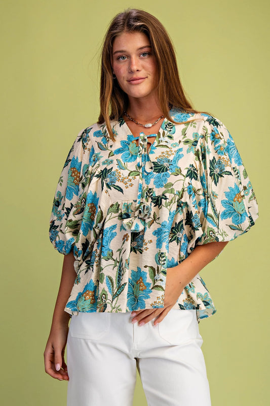 GiGio Floral Print Balloon Sleeve Bouse with Tie Neck Strings