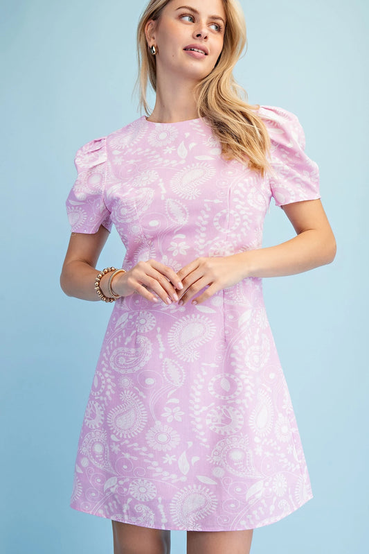 Gigio Floral Paisley Mini Dress with a Pleated Short Sleeve and Back Button Enclosure