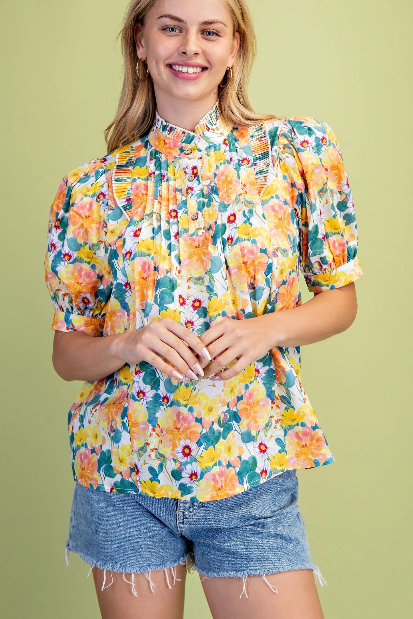 Gigio Bright Floral Puff Sleeve Top with Pintuck and Ruffle Details