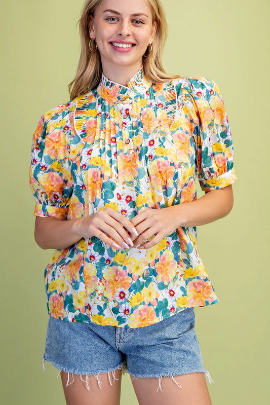 Gigio Bright Floral Puff Sleeve Top with Pintuck and Ruffle Details