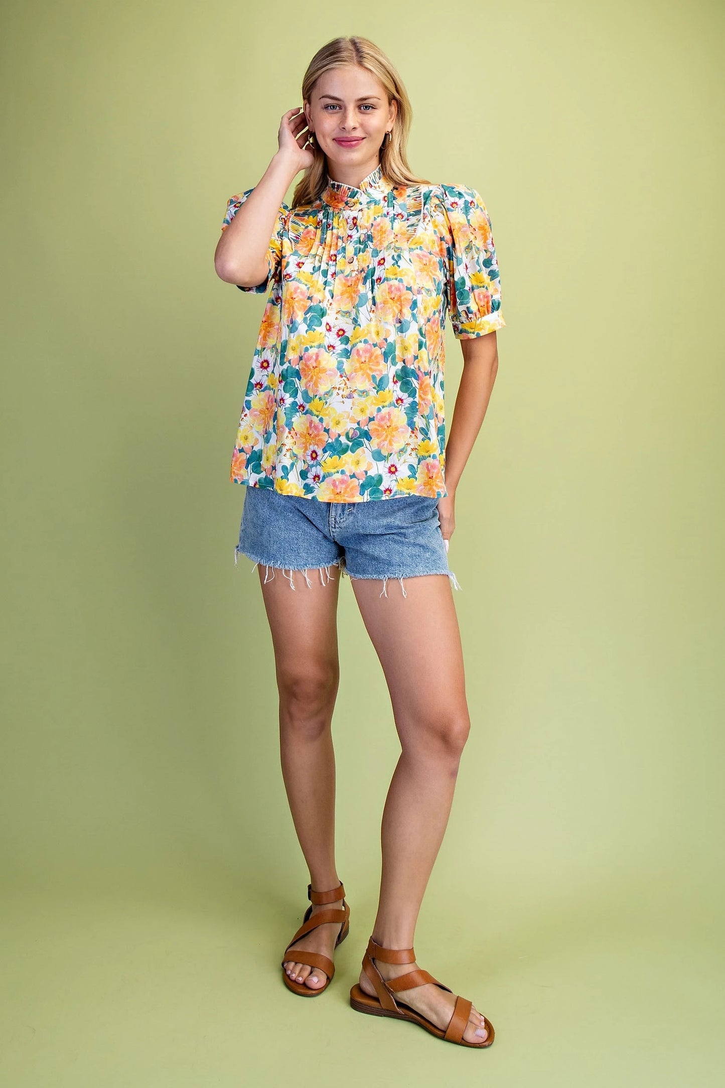 Gigio Bright Floral Puff Sleeve Top with Pintuck and Ruffle Details