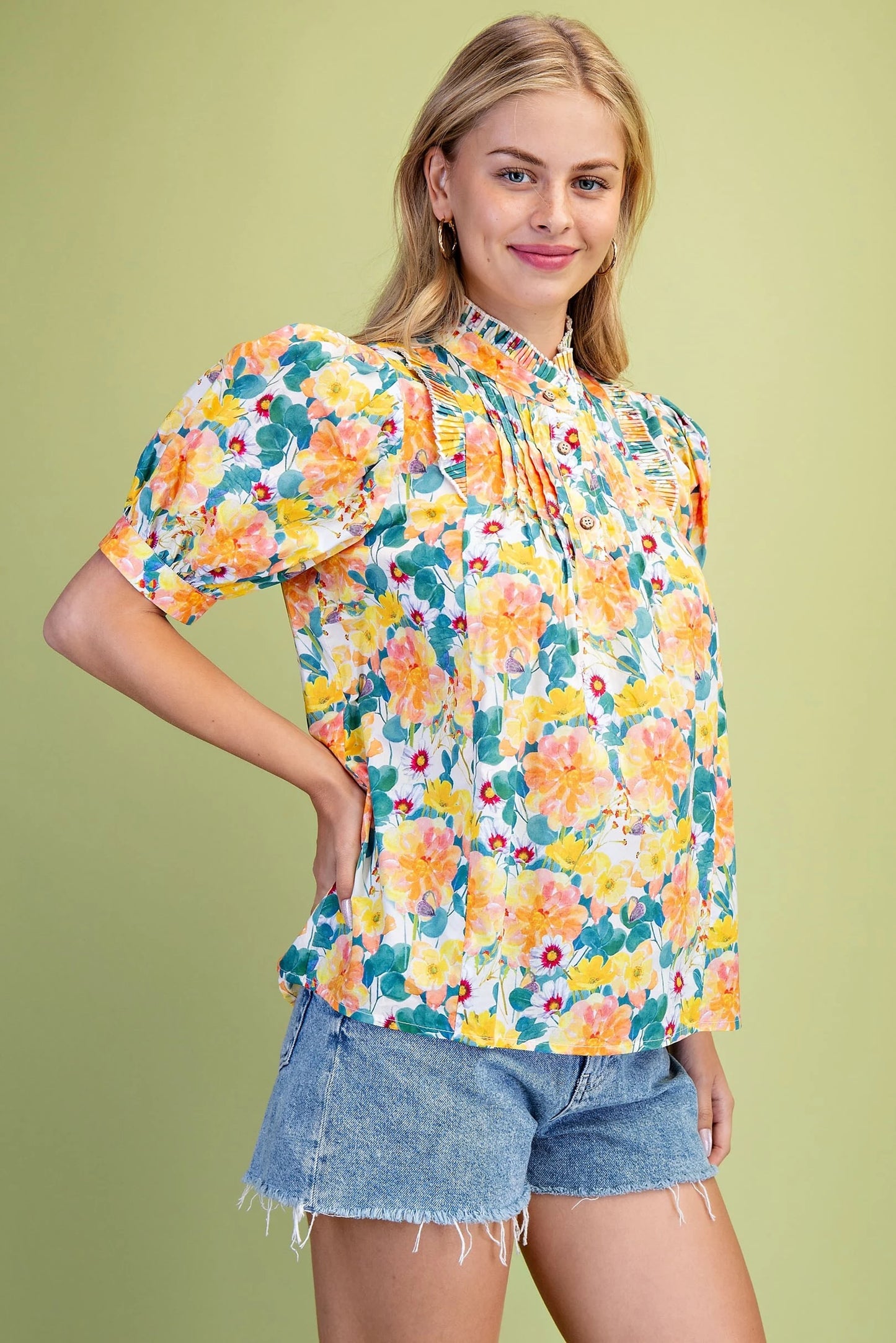 Gigio Bright Floral Puff Sleeve Top with Pintuck and Ruffle Details