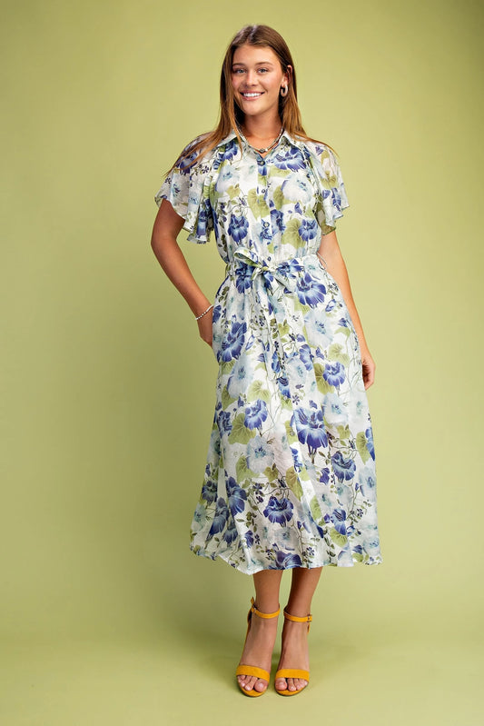 Gigio Floral Midi Shirt Lined Dress with Wide Flutter Sleeves and a Waisted Tie