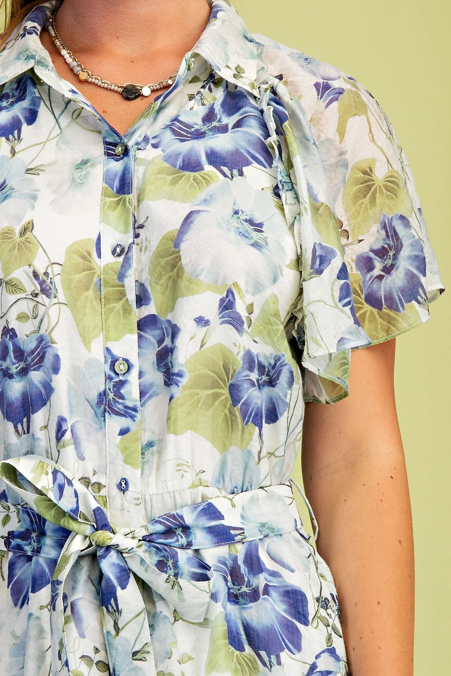 Gigio Floral Midi Shirt Lined Dress with Wide Flutter Sleeves and a Waisted Tie