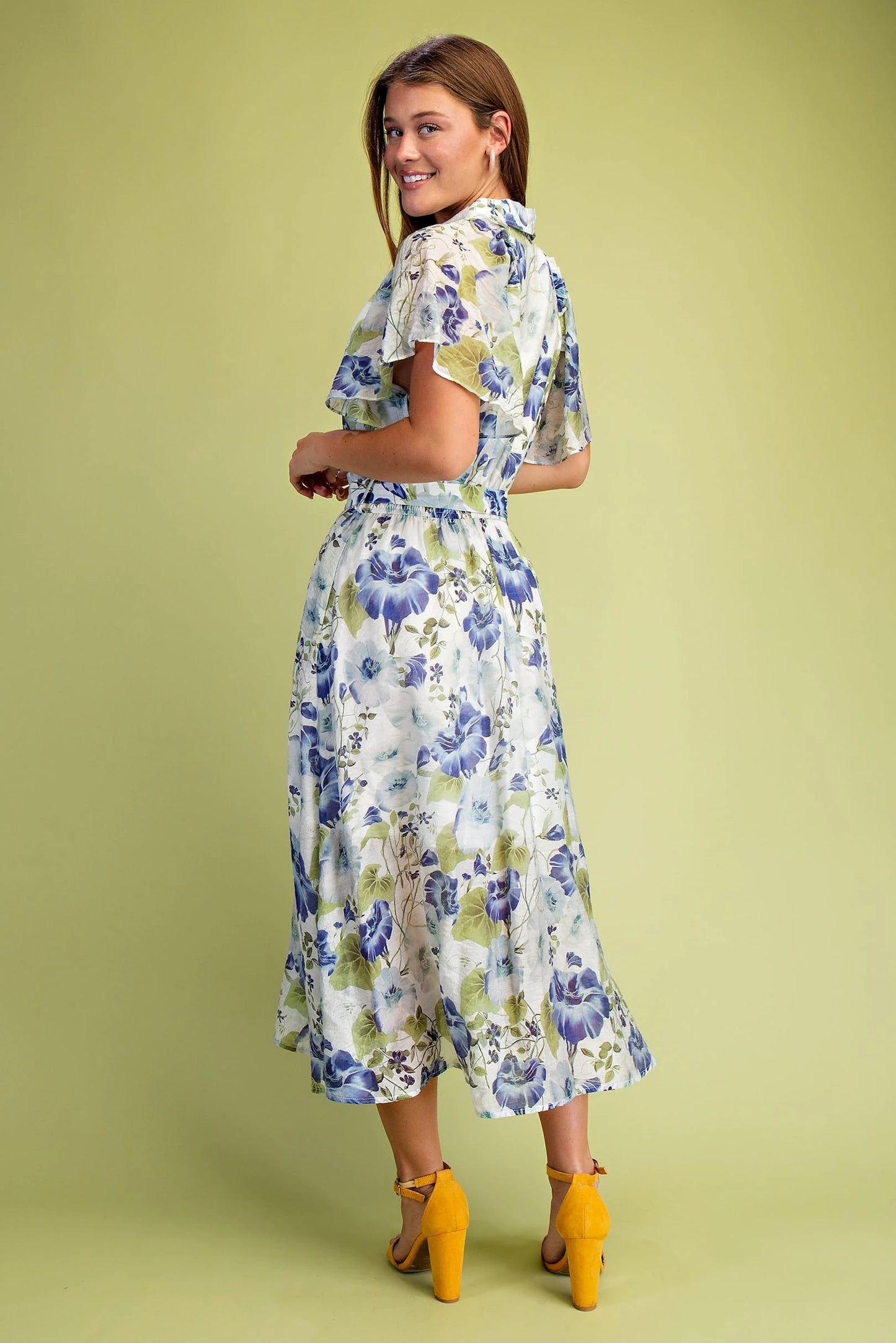 Gigio Floral Midi Shirt Lined Dress with Wide Flutter Sleeves and a Waisted Tie