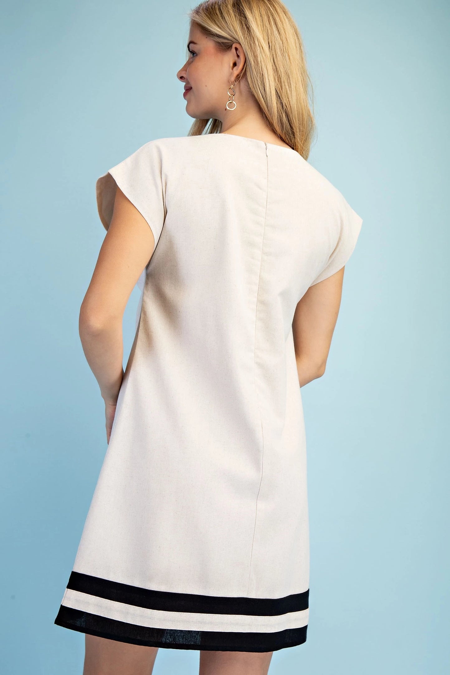 GiGio Linen Round Neck Dress with Cap Sleeves and Contrasting Stripe Details in Oatmeal
