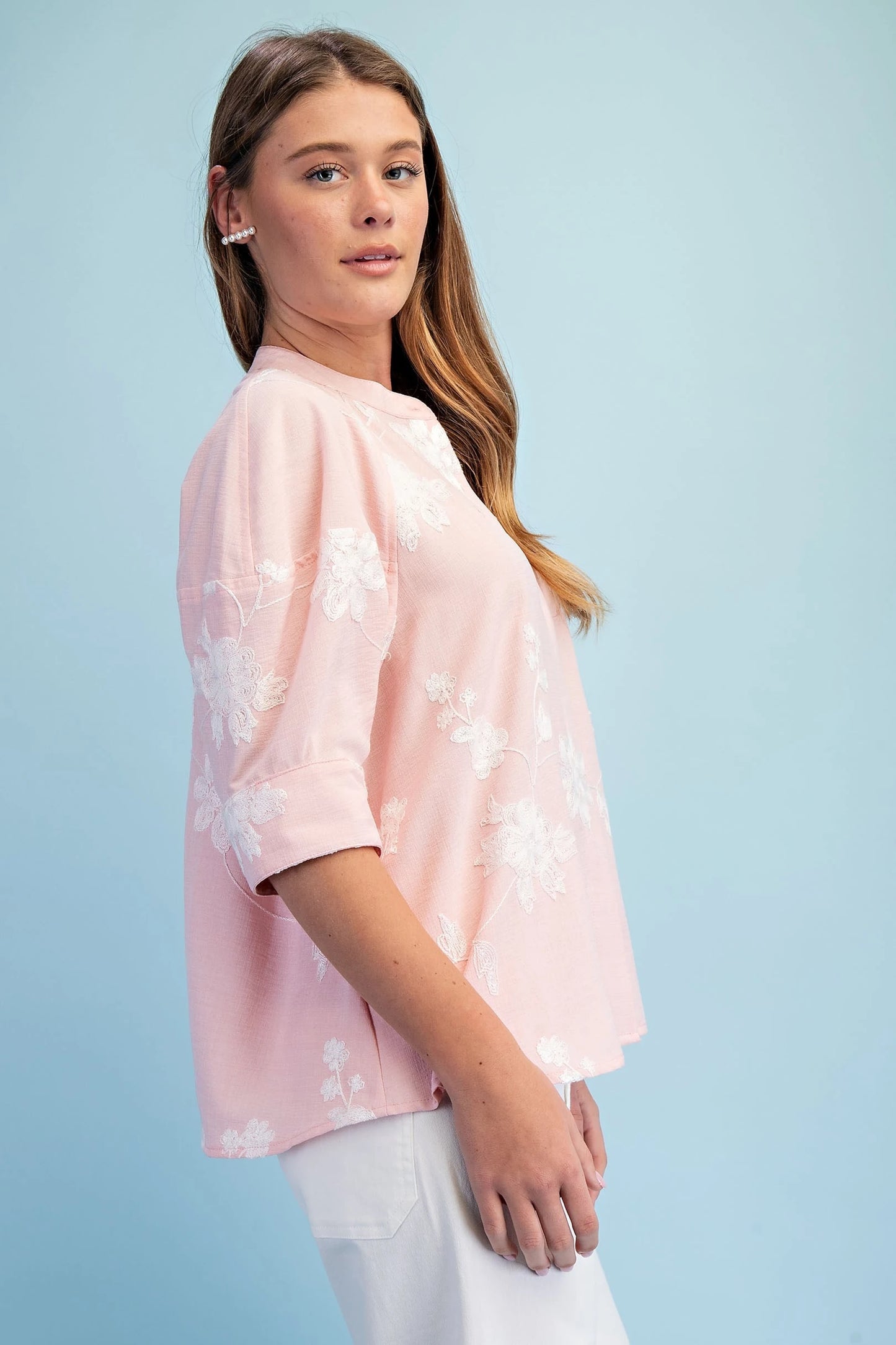 Floral Embroidered Button Down Top with a Covered Placket Gigio