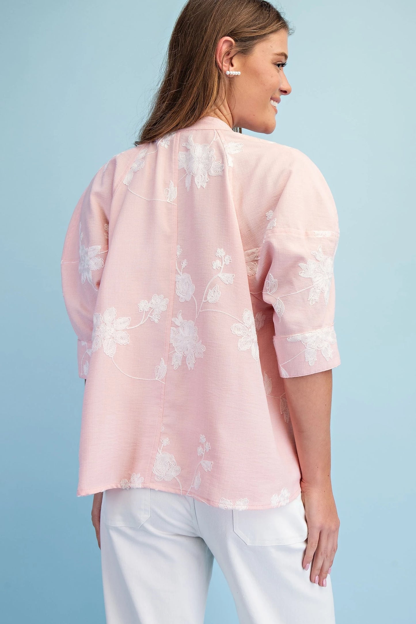 Floral Embroidered Button Down Top with a Covered Placket Gigio
