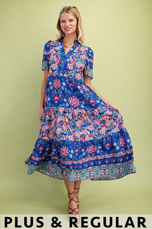 GiGio Mixed Print Tiered Midi Dress with Ruffle Neck in Cobalt Plus Size