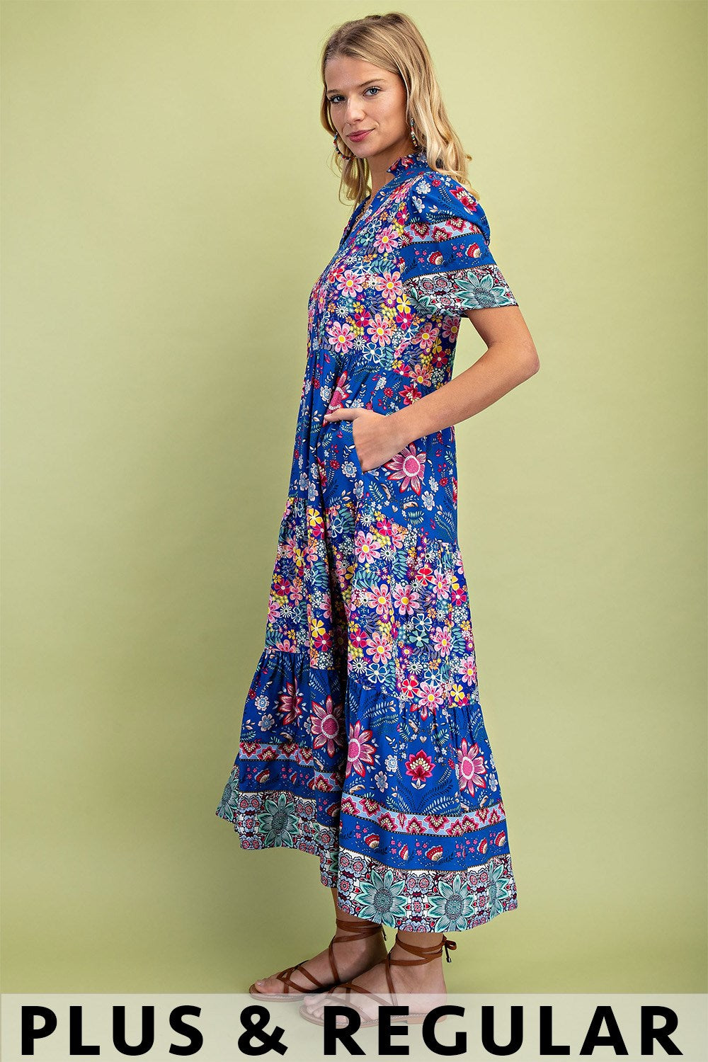 GiGio Mixed Print Tiered Midi Dress with Ruffle Neck in Cobalt Plus Size