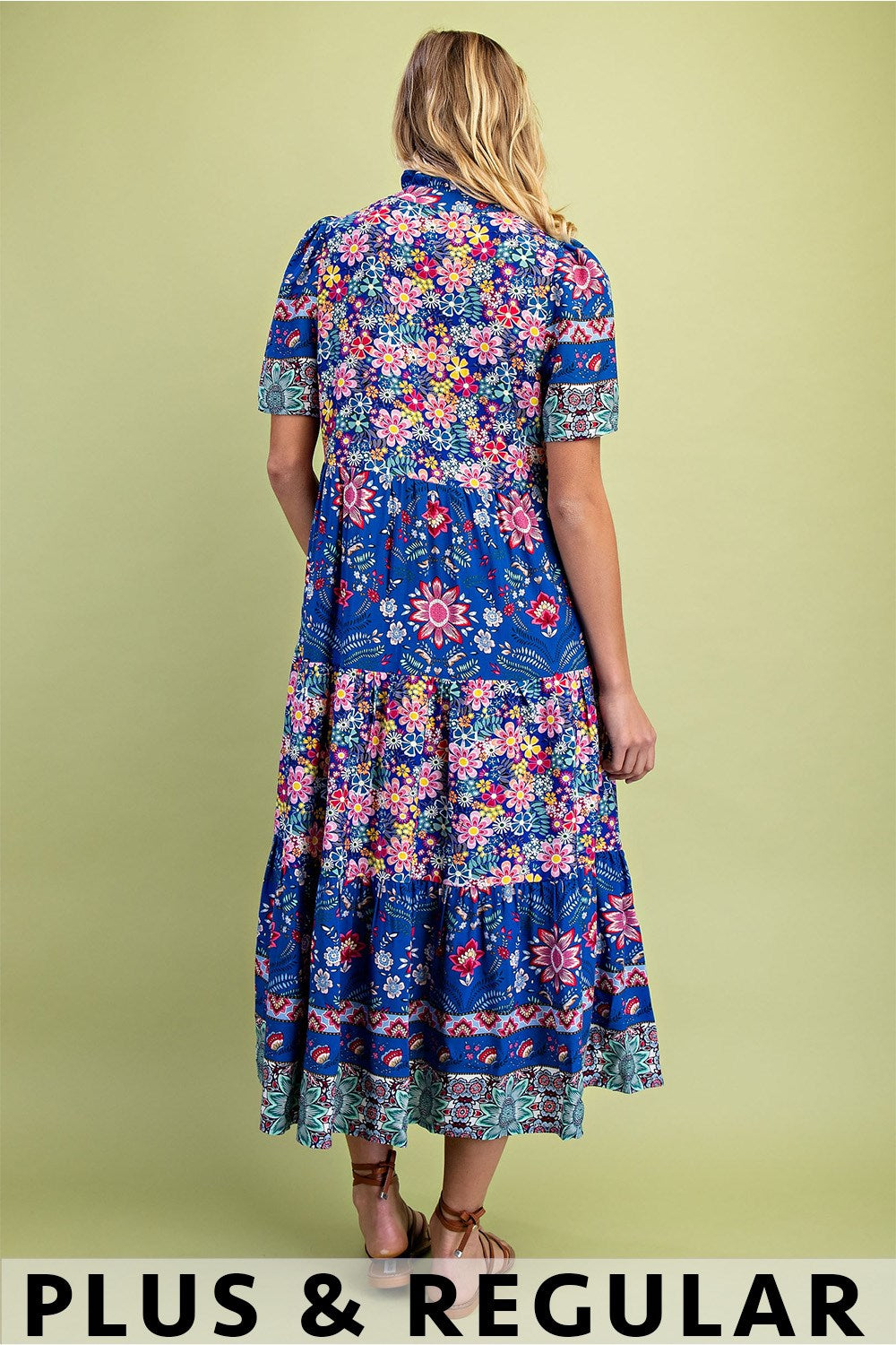 GiGio Mixed Print Tiered Midi Dress with Ruffle Neck in Cobalt Plus Size