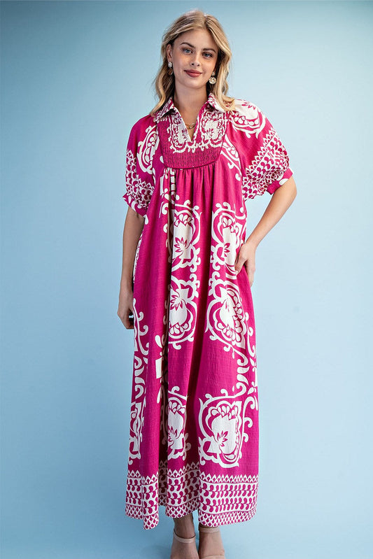 GiGio Mixed Print Short Puff Sleeve Midi Dress with a Smocked Front Yoke