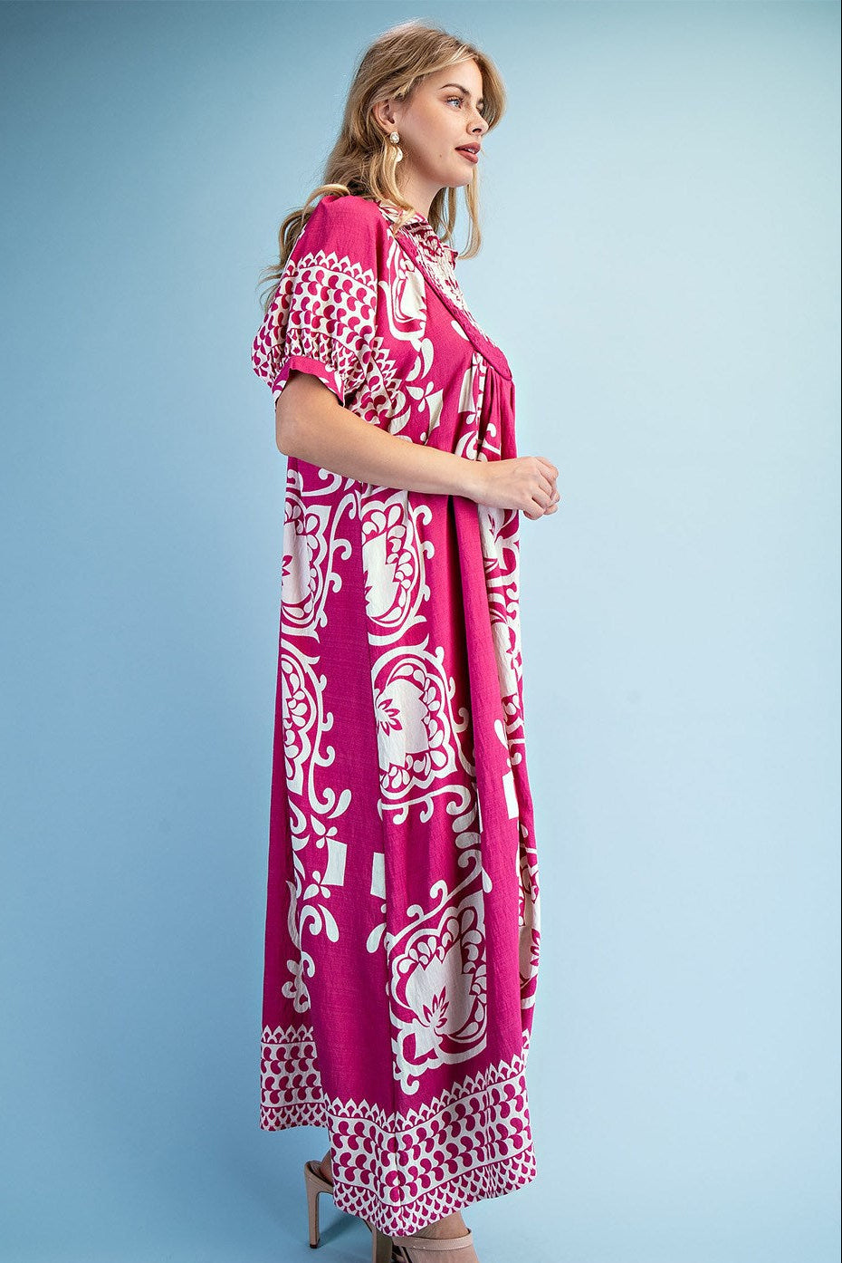 GiGio Mixed Print Short Puff Sleeve Midi Dress with a Smocked Front Yoke