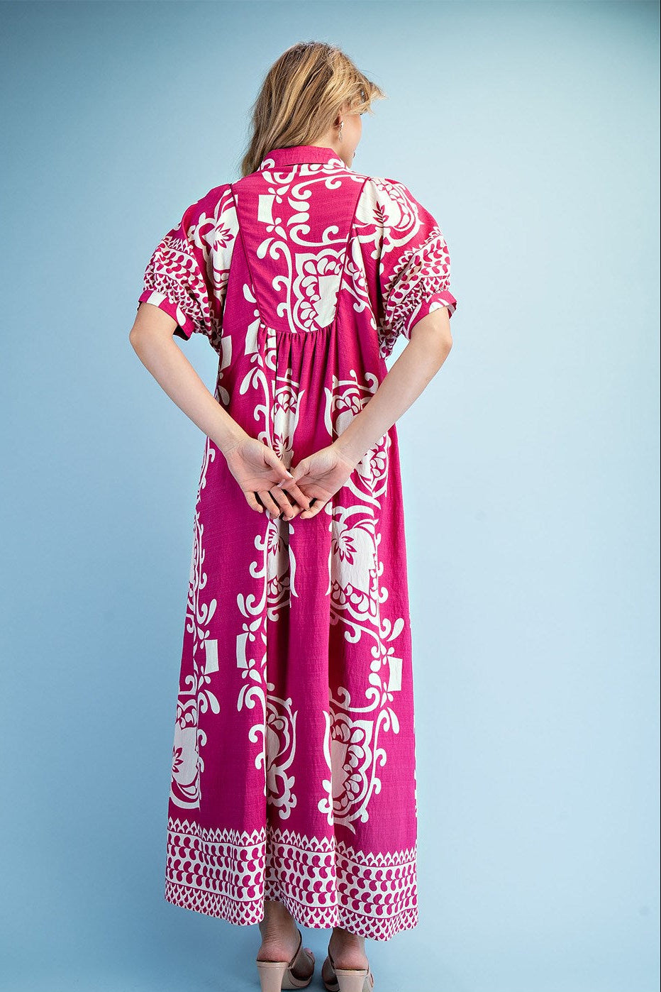 GiGio Mixed Print Short Puff Sleeve Midi Dress with a Smocked Front Yoke