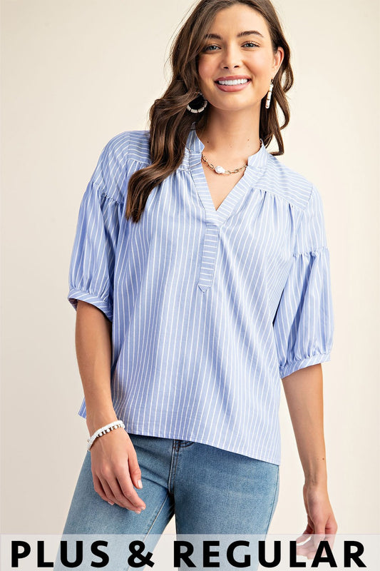 GiGio Striped Blouse with Quarter Length Bubble Sleeves in Blue Plus Size