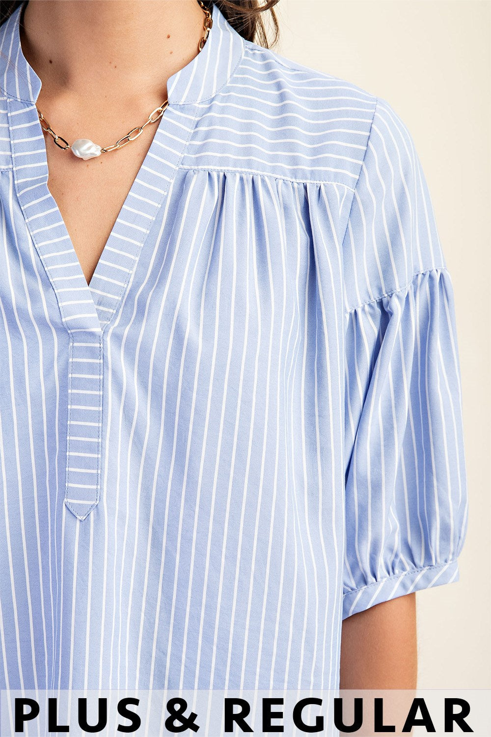 GiGio Striped Blouse with Quarter Length Bubble Sleeves in Blue Plus Size