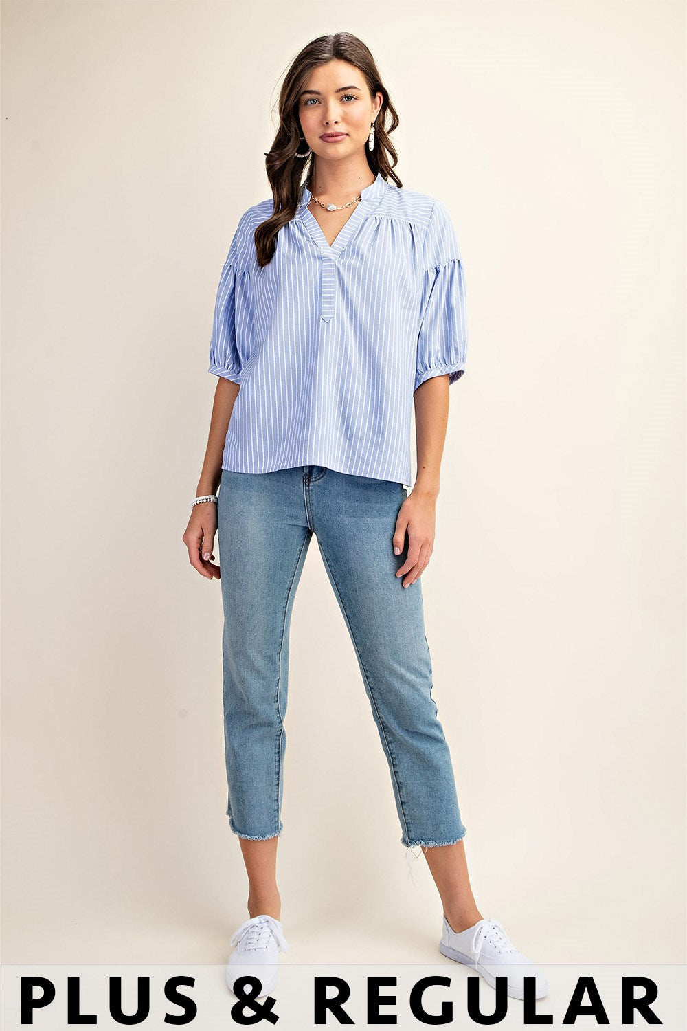 GiGio Striped Blouse with Quarter Length Bubble Sleeves in Blue Plus Size
