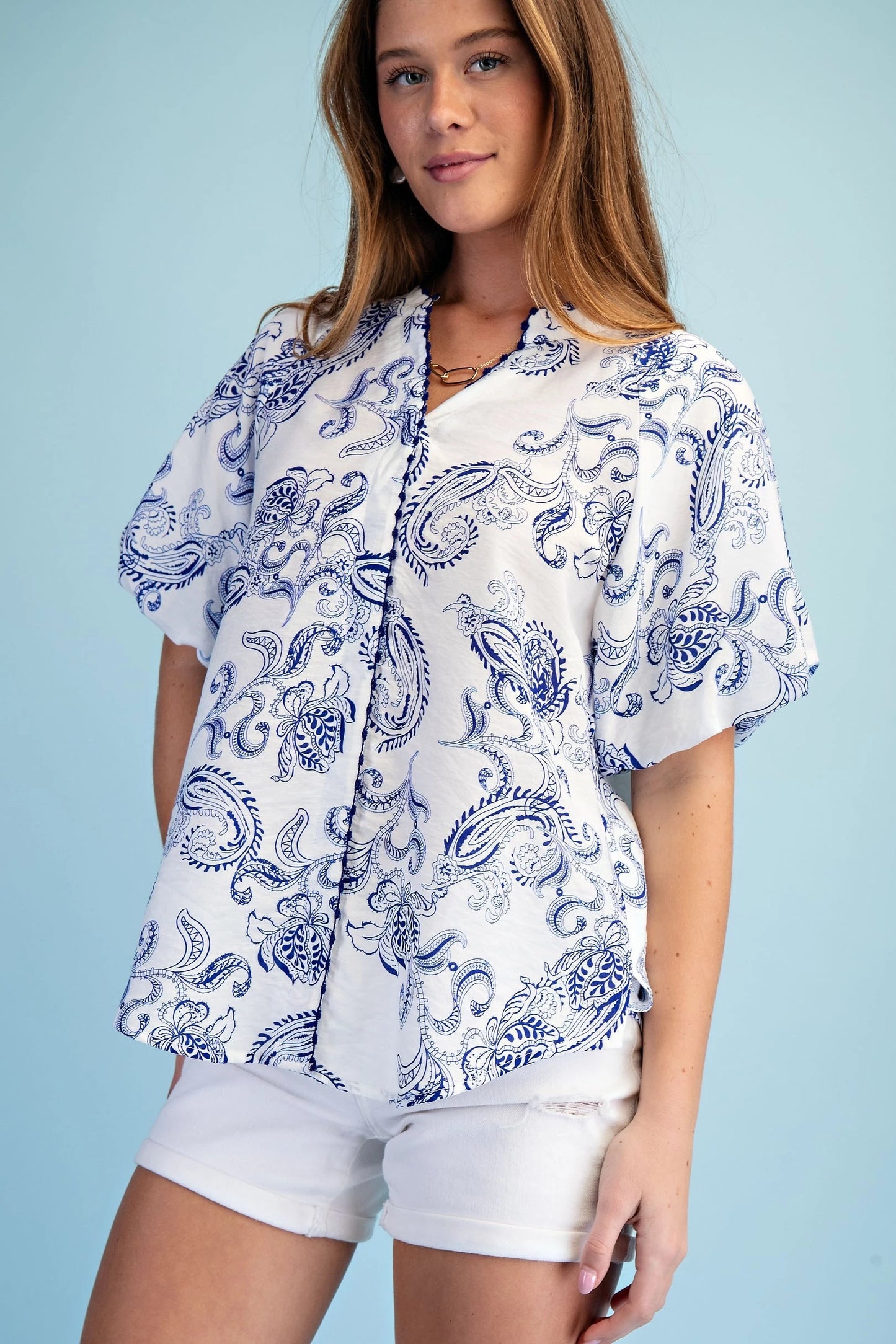 GiGio Printed Covered Placket Button Down Blouse with Embroidered Trim Details in Blue