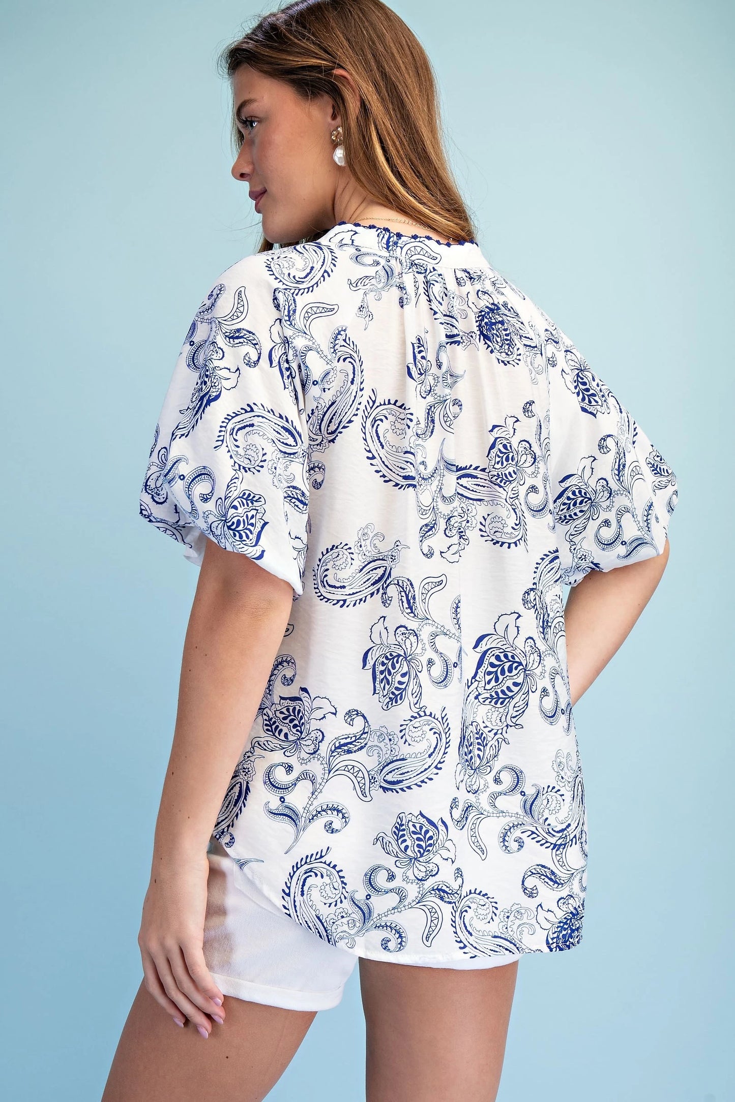 GiGio Printed Covered Placket Button Down Blouse with Embroidered Trim Details in Blue