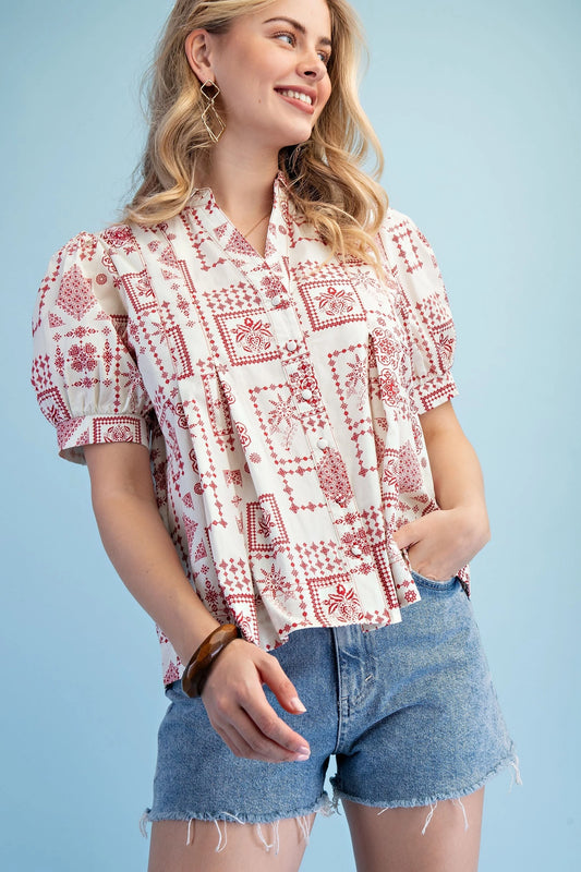 GiGio Floral Jacquard Printed Button Down Shirt with Pleat Details in Red